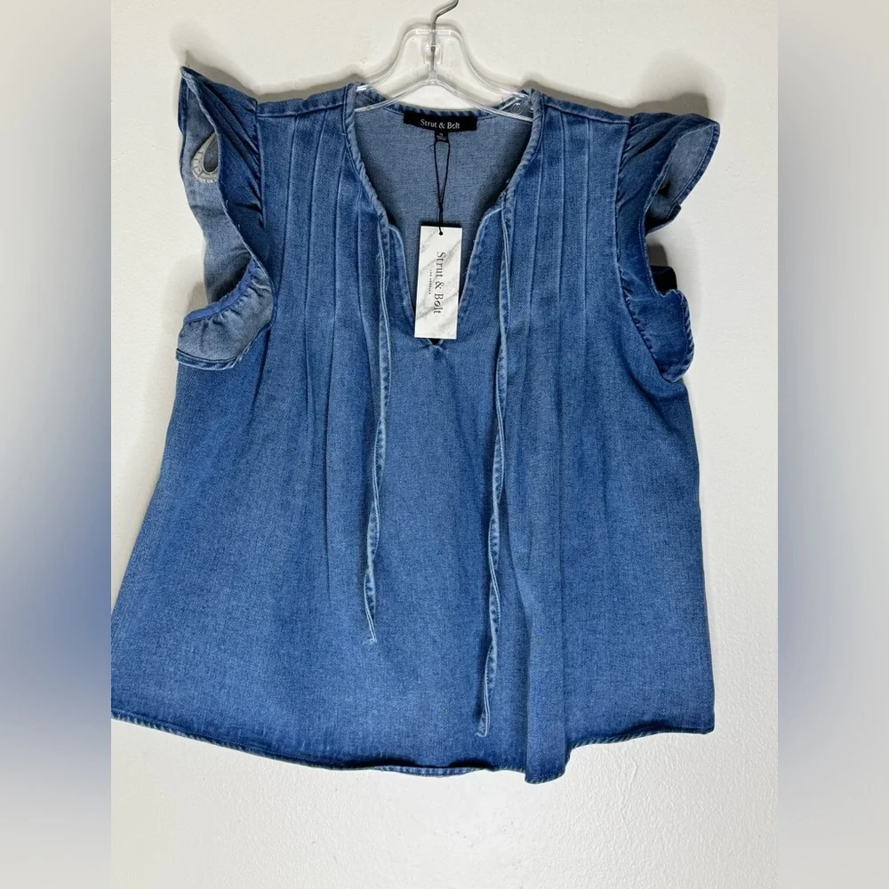 Denim Sleeveless Ruffled Tie Front Blouse - Picture 1 of 4